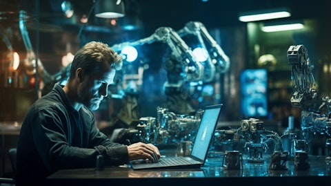 A symbolic representation of innovation, with a programmer working on a laptop in front of robotic arms and low code development environment.