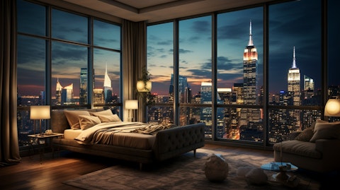A luxurious hotel suite overlooking a bustling city skyline.