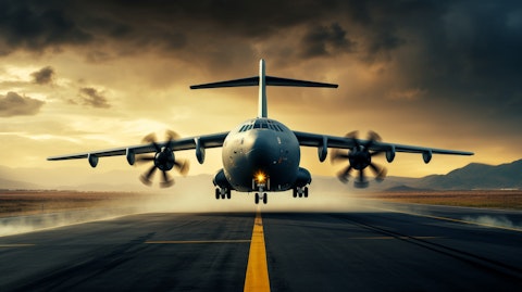 A military cargo plane landing at its destination, signifying the strength of its defense arm.