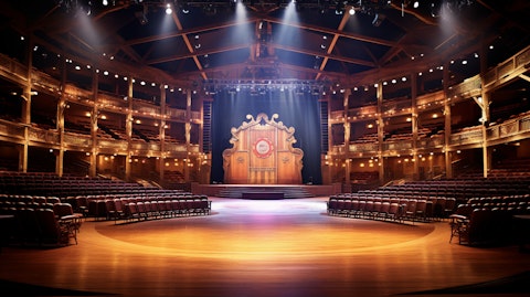 An interior shot of the Grand Ole Opry House, showing the iconic country music brand and its architechtural grandeur.