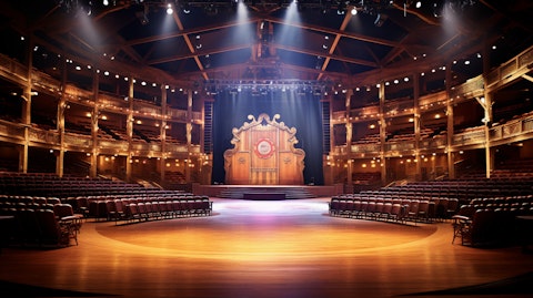 An interior shot of the Grand Ole Opry House, showing the iconic country music brand and its architechtural grandeur.