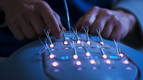 A closeup of electrodes being used to deliver the 10 kHz Therapy spinal cord stimulation system to a patient.