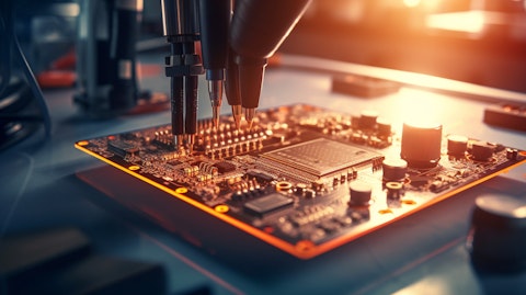 A close-up view of a technician soldering a circuit board in an electronics manufacturing facility.