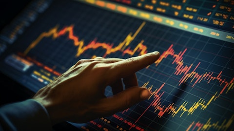 An graph of investments with a close up of a hand pointing to a particular asset on a financial chart.