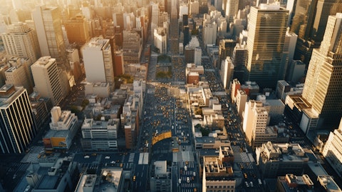 An aerial view of a bustling metropolitan area with high-rise buildings and busy streets.