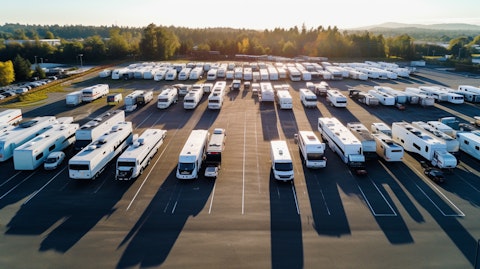 An aerial view of a self-storage facility, its parking lot full with cars and RV's.