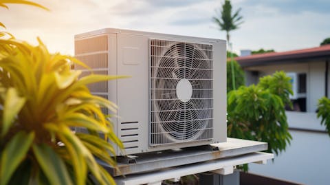 A commercial air conditioning unit mounted atop a residential roof in a suburban neighbourhood.