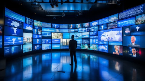 An array of LED lights illuminating a video wall, showcasing the company's capabilities.