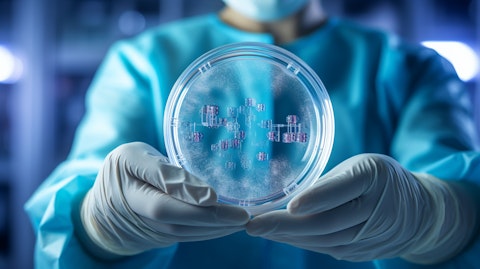 A scientific researcher holding a petri dish containing a glycoengineered monoclonal antibody.
