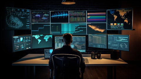 A multi-monitor workstation displaying data-centric services.