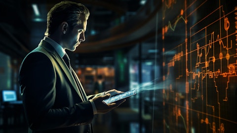 A professional looking suit clad figure interacting with one of the companies radio-frequency identification products. .