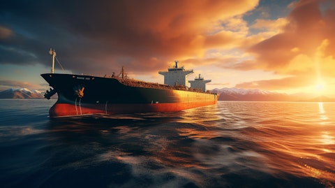 A large crude oil tanker navigating through calm ocean waters.