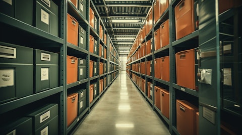 A storage facility with boxes and shelves to store records, representing the company's secure records storage.