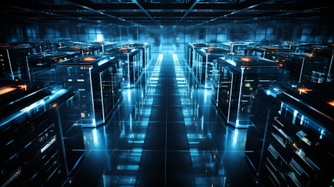 An overhead view of a large-scale data center with rows of servers and blinking lights.