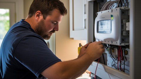 A technician installing a smart meter in a family home, its wireless connectivity bringing modern living.
