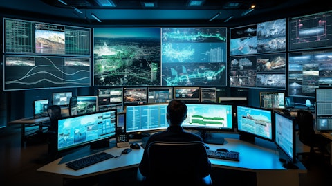 A view of a control room with video screens monitoring multiple sites through intelligent automation.