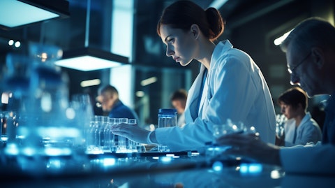A close-up of researchers, carefully studying a biopharmaceutical compound in a laboratory.