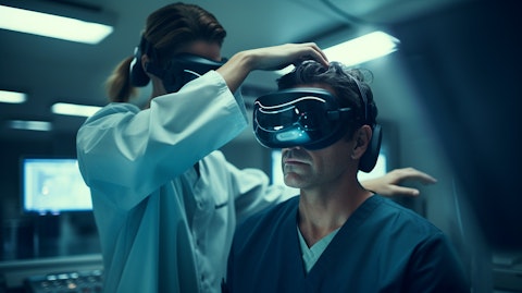A doctor wearing scrubs using a centurion vision system to check a patient's eye.