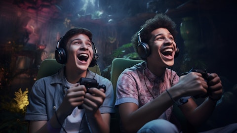 Two gamers enjoying an immersive experience playing together online via their gaming console.