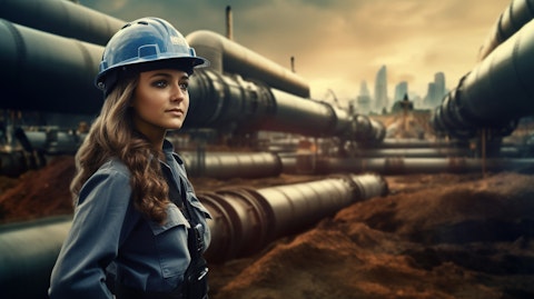 A female engineer examining a new gas pipeline to ensure its safety as construction is underway.