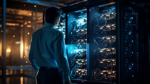 An IT security specialist inspecting a corporate network server for any malicious activity.