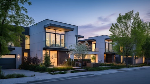 A contemporary single-family house at dusk in a residential neighborhood.