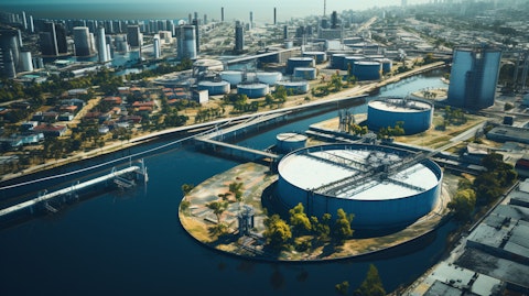 An aerial view of a city, highlighting the vital role of the company in providing necessary raw water and wastewater services.