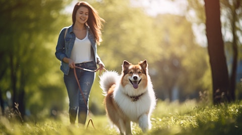 A pet carer walking a dog in a park on a sunny day with a smile on their face.