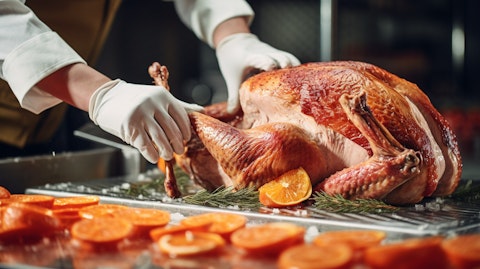 A close-up of a hand cutting fresh turkeys, revealing the perishable products of the company.