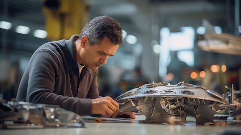 An engineer inspecting the assembly of an aircraft wing, intricately designed components in the background.