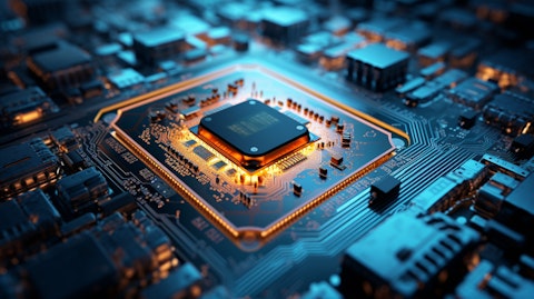A semiconductor chip with intricate circuitry, highlighting the company's tech capabilities.