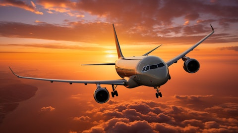 Aerial view of a modern commercial jetliner in flight, its wings reflecting the setting sun.