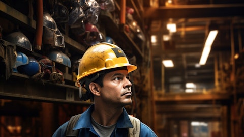 A worker wearing a safety helmet, inspecting workplace safety procedures.