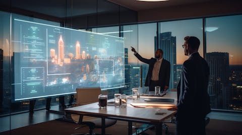 An expert IT engineer demonstrating a new software solution to hotel managers in a boardroom.