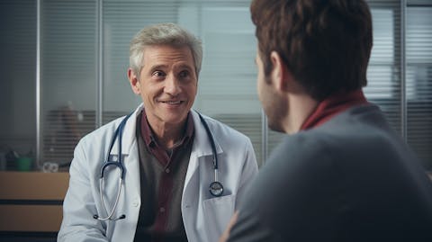 A doctor and a patient discussing the benefits of OTC health and wellness solutions.