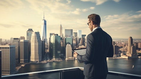A successful businessperson looking over their portfolio, with a backdrop of the New York skyline, representing a global presence.