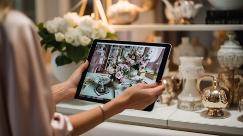 Close-up shot of a customer browsing stylish home décor items in an online retailer.