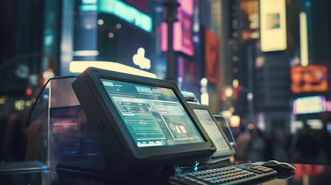A modern payment processor with illuminated buttons in a busy financial district.