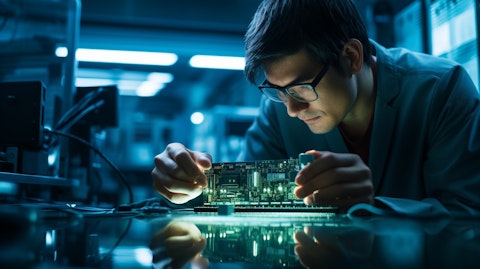 A scientist in a lab examining a prototype RF chip for broadband radio transceiver front ends.