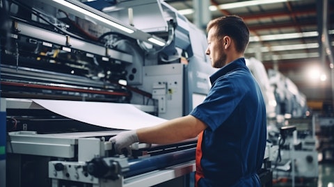 A factory worker operating a roll-up door manufacturing machine.