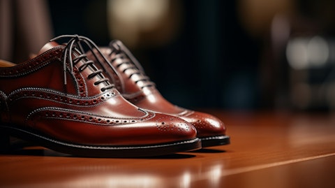 A close-up on a fashionable pair of the company's footwear, the details revealed in sharp focus.