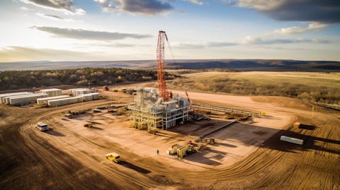 Aerial view of an oil and natural gas drilling operation on a leasehold position.