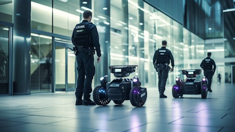 A security team patrolling a public building with their advanced Evolv systems.