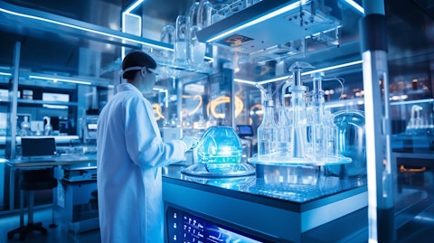 A scientist wearing a lab coat, surrounded by vivid blue-themed biopharmaceutical equipment in a research laboratory.