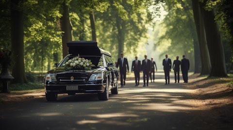 A funeral procession with mourners walking beside a hearse carrying a casket.
