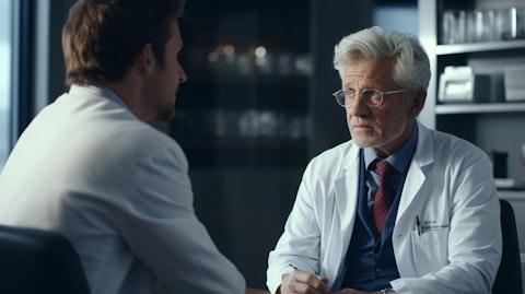 A doctor and a patient discussing the success of the clinical trial for a new nonpeptide somatostatin receptor agonist.