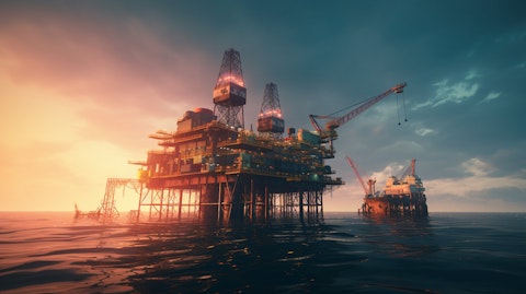 A drilling platform in the middle of the ocean, showing the oil and gas exploration process.