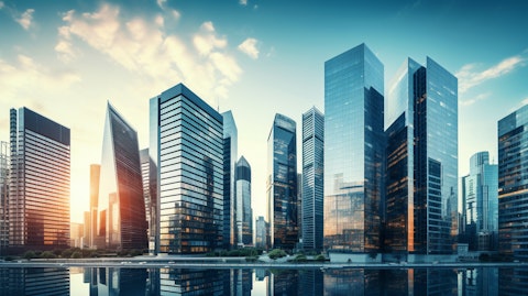 A skyline of modern office towers built with investments from the alternative asset manager.