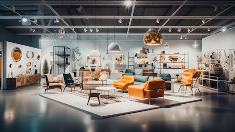 A brightly lit showroom, with modern furniture and tools on display.