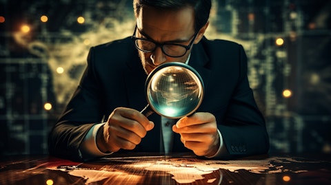 A financial expert looking through a magnifying glass at a global map, referring to the global reach of the company.